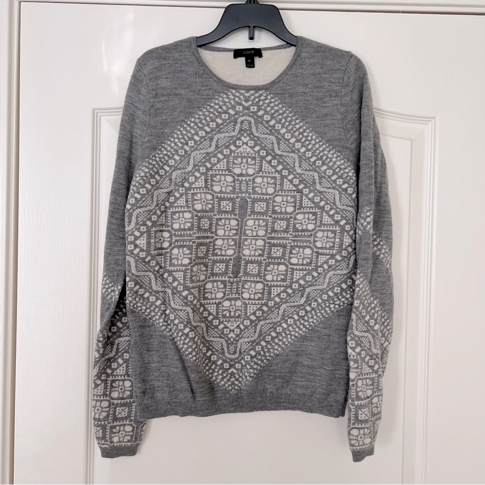 J. Crew Womens snowflake grey white merino wool sweater size medium